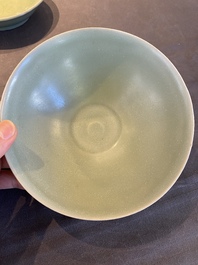 A Chinese Longquan celadon 'lotus' bowl and a dish, Song or later