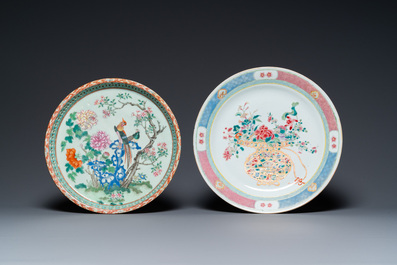 Trois plats, un bol, une th&eacute;i&egrave;re et un zhadou en porcelaine de Chine famille rose et en bleu et blanc,  18/19&egrave;me