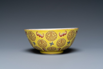 A Chinese yellow-ground 'Bats and Shou' bowl, Guangxu mark, Republic