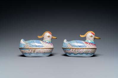 A pair of Chinese Canton enamel censers and covers in the shape of ducks, 19th C.