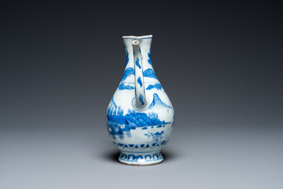 A Chinese blue and white ewer with a fisherman in a landscape, Transitional period