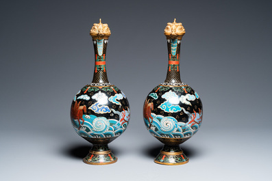 A pair of Chinese cloisonn&eacute; 'mythical beasts' ewers with zoomorph gilt covers, Qing