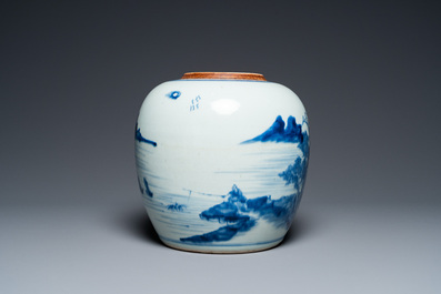 A Chinese blue and white 'mountainous landscape' jar, Kangxi/Qianlong