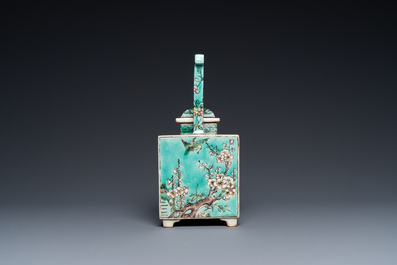 A square Chinese turquoise-ground verte biscuit teapot and cover, Kangxi