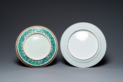 Trois plats, un bol, une th&eacute;i&egrave;re et un zhadou en porcelaine de Chine famille rose et en bleu et blanc,  18/19&egrave;me