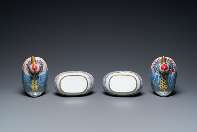 A pair of Chinese Canton enamel censers and covers in the shape of ducks, 19th C.