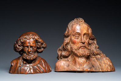 Deux bustes de saints en bois sculpt&eacute;, Italie ou France, 17&egrave;me