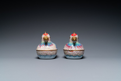 A pair of Chinese Canton enamel censers and covers in the shape of ducks, 19th C.