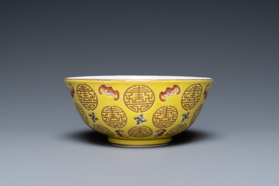 A Chinese yellow-ground 'Bats and Shou' bowl, Guangxu mark, Republic