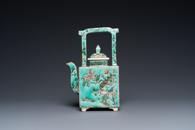 A square Chinese turquoise-ground verte biscuit teapot and cover, Kangxi