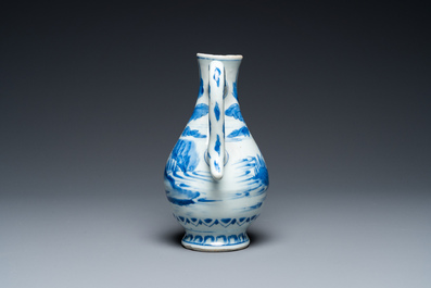 A Chinese blue and white ewer with a fisherman in a landscape, Transitional period