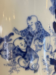 A Chinese blue and white 'lady and playing boys' brush pot, probably 19th C.