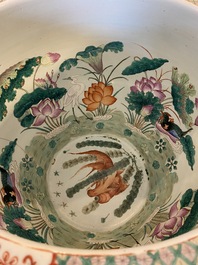 A large Chinese famille verte light blue-ground fish bowl, 19th C.