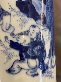 A Chinese blue and white 'lady and playing boys' brush pot, probably 19th C.