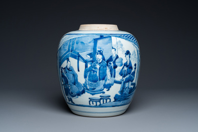 Pot &agrave; sujet narratif en porcelaine de Chine en bleu et blanc, Kangxi