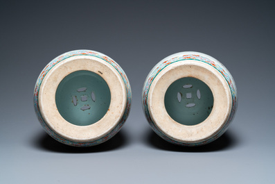 A pair of Chinese famille rose miniature stools with grisaille landscapes, Qianlong/Jiaqing