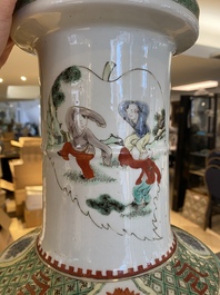 A large Chinese famille verte rouleau vase, 20th C.