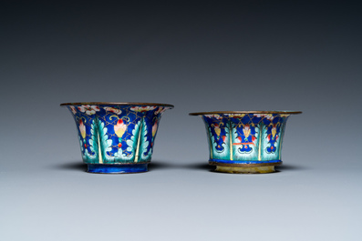 Two Chinese Canton enamel blue-ground bowls, Qianlong/Jiaqing