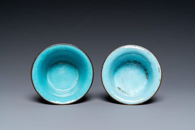 Two Chinese Canton enamel blue-ground bowls, Qianlong/Jiaqing