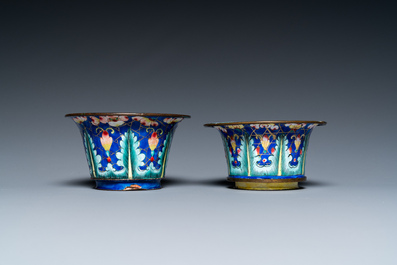 Two Chinese Canton enamel blue-ground bowls, Qianlong/Jiaqing