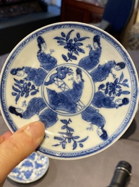 A Chinese blue and white bowl and a pair of cups and saucers, Kangxi