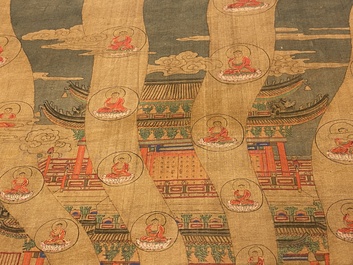 Chinese school: 'The 33-headed Avalokitesvara', ink and colour on silk, 19/20th C.