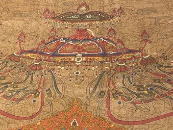 Chinese school: 'The 33-headed Avalokitesvara', ink and colour on silk, 19/20th C.