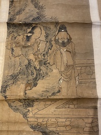 Luo Qing 羅清 (1821-1899): 'Quatre rouleaux aux personnages dans des paysages montagneux', encre et couleurs sur papier