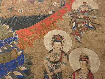 Chinese school: 'The 33-headed Avalokitesvara', ink and colour on silk, 19/20th C.