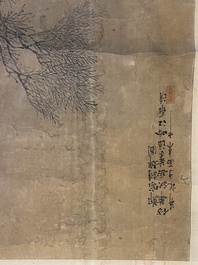 Luo Qing 羅清 (1821-1899): 'Vier scrolls met figuren in berglandschappen', inkt en kleur op papier
