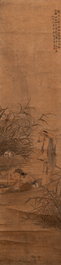Luo Qing 羅清 (1821-1899): 'Vier scrolls met figuren in berglandschappen', inkt en kleur op papier