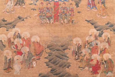 Chinese school: 'The 33-headed Avalokitesvara', ink and colour on silk, 19/20th C.