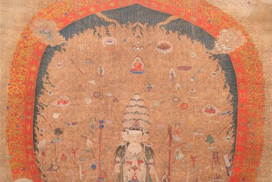 Chinese school: 'The 33-headed Avalokitesvara', ink and colour on silk, 19/20th C.