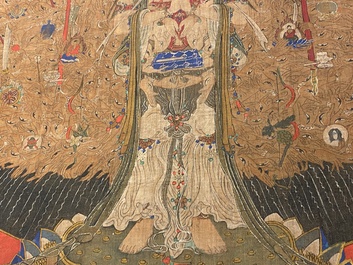 Chinese school: 'The 33-headed Avalokitesvara', ink and colour on silk, 19/20th C.