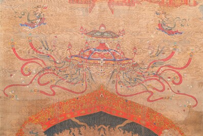 Chinese school: 'The 33-headed Avalokitesvara', ink and colour on silk, 19/20th C.