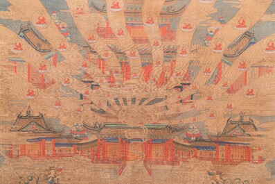 Chinese school: 'The 33-headed Avalokitesvara', ink and colour on silk, 19/20th C.