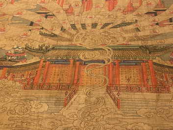 Chinese school: 'The 33-headed Avalokitesvara', ink and colour on silk, 19/20th C.