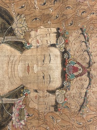 Chinese school: 'The 33-headed Avalokitesvara', ink and colour on silk, 19/20th C.