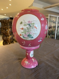 A Chinese famille rose pink sgraffito-ground lantern on stand, Republic