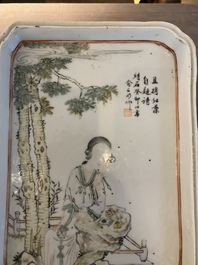 A rectangular Chinese qianjiang cai tray, signed Yu Zi Ming 俞子明, dated 1903