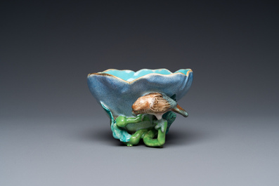 A Chinese enamelled porcelain brush washer in the shape of a lotus with a bird on a branch, Yongzheng