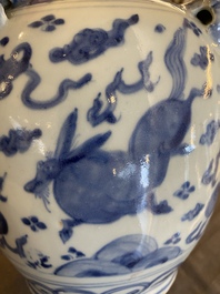 A large Chinese blue and white jug with flying mythical beasts, Wanli