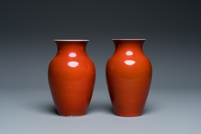 A pair of Chinese coral red-glazed vases, 18/19th C.