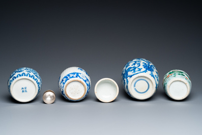 Three Chinese blue and white vases and one in famille verte, Kangxi and later