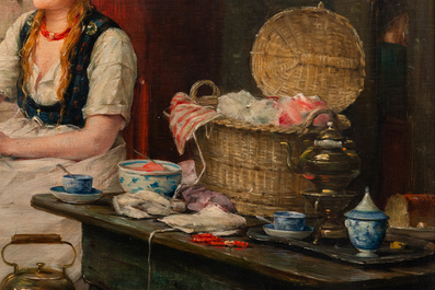 Edward Portielje (1861-1949) : Couturi&egrave;res dans une cuisine, huile sur toile