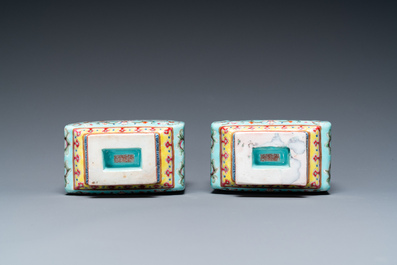 A pair of Chinese famille rose turquoise-ground vases, Qianlong mark, 19/20th C.