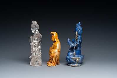 A Chinese lapis lazuli sculpture of Buddha and two of Guanyin in rock crystal and soapstone, 19/20th C.