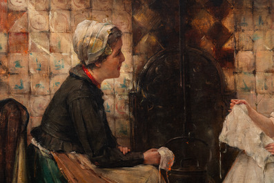 Edward Portielje (1861-1949): Naaisters in een keuken, olie op doek
