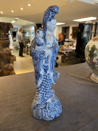 A Chinese blue and white Guanyin with child, Cai Fu Ji 蔡福記 mark, Republic