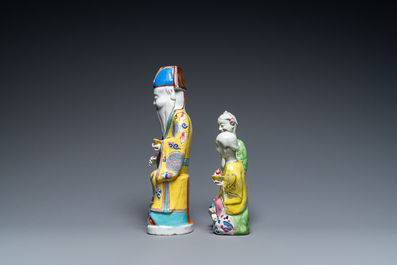 A Chinese famille rose 'Hehe Er Xian' group and a 'Caishen' figure, Qianlong and later